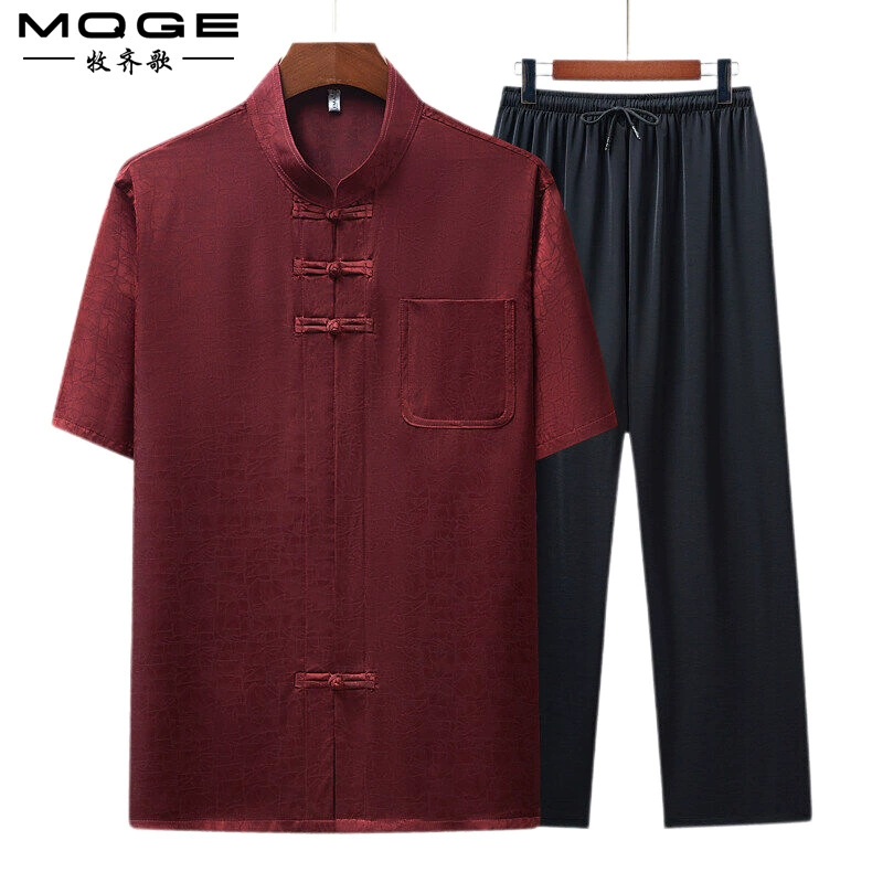 Китайский стиль Tang костюм мужской летний костюм шелковый рубашка с короткими рукавами средний и пожилой папа летний костюм шелковицы