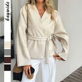 迪芸跨境欧美休闲度假绑带长袖西装外套女装2025秋冬亚马逊独立站