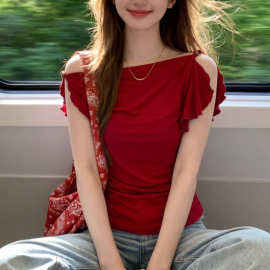 设计感红色一字领斜肩无袖t恤女夏季修身特别漂亮的掐腰短款上衣
