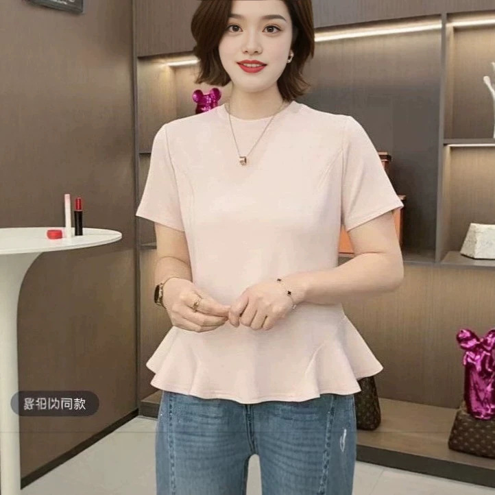 French-Style High-End Sweet Solid Color Ruffle Design Date Outfit Round Neck Regular Shoulder Short-Sleeve T-Shirt for Women Sweet and Spicy Top