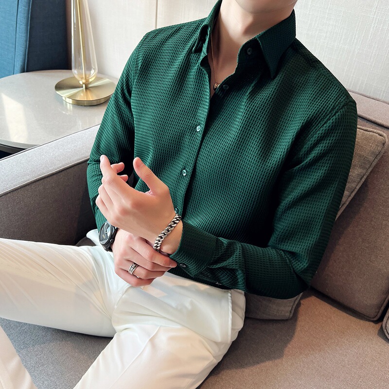 2023 Waffe Shirt Men's Long-sleeved Spring and Autumn Slim-fit Fashionable Handsome Men's French Style Shirt Business Casual