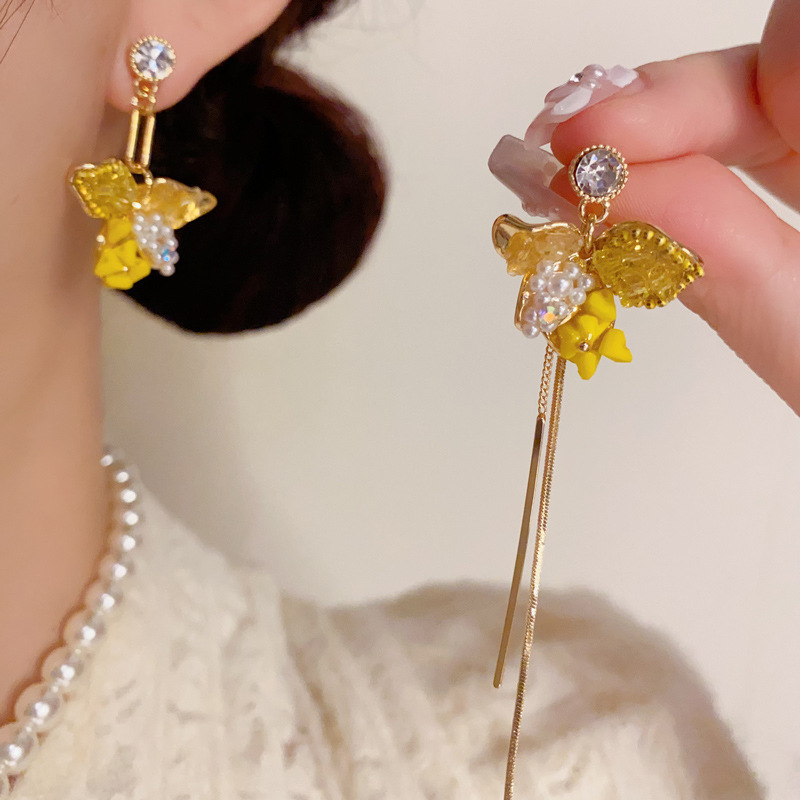 フレンチライトラグジュアリーファッション多用途非対称手作り花びらタッセルイヤリングパーソナライズされたレトロ誇張ロングイヤリング|undefined