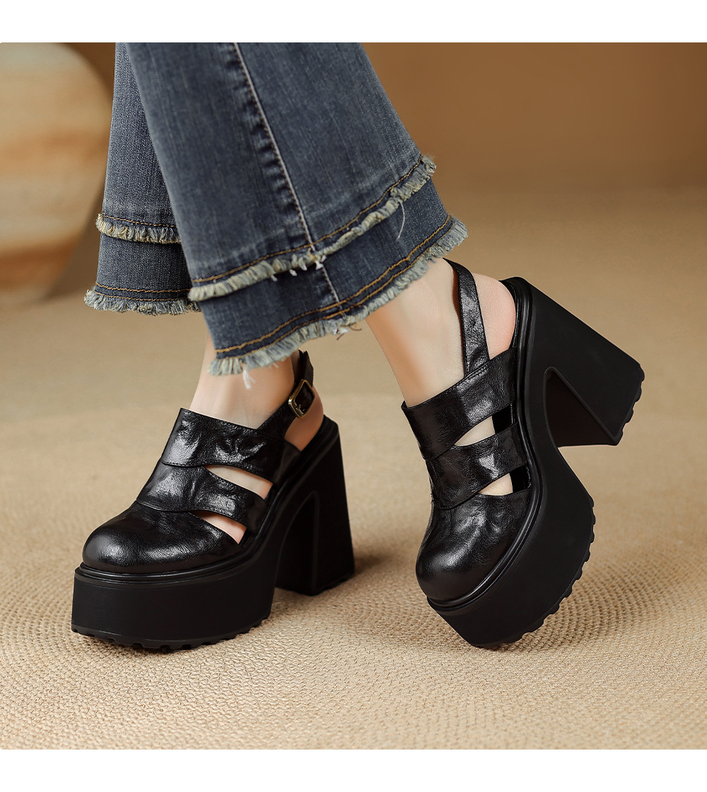 Sandal cao gót nữ đế dày quai ngang bọc da, gót 9 cm — màu nâu, màu đen chi tiết 5