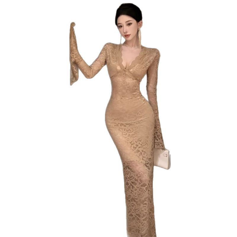 V-Neck dress Women's Early Spring New Elegant Slim-Fit Sexy Hollow-Out Waist Long-Sleeved Lace Slimming Long Dress for Hip