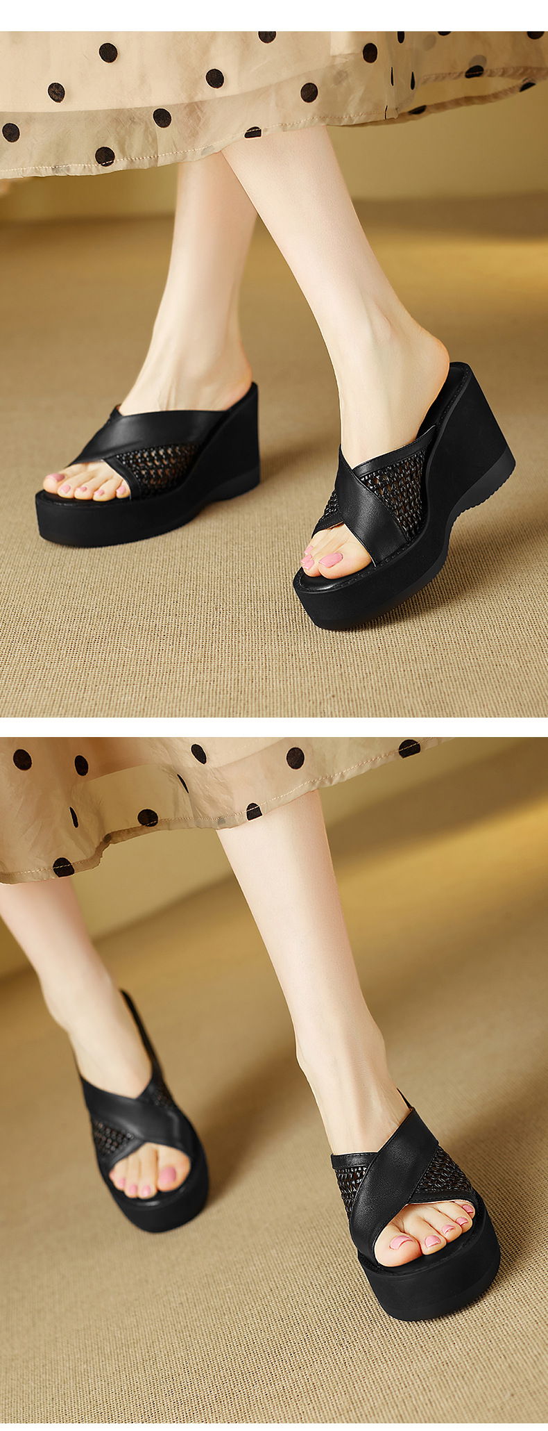 Dép sandal nữ da bò cao gót đế xuồng quai ngang đan — màu đen, màu trắng ngà chi tiết 4