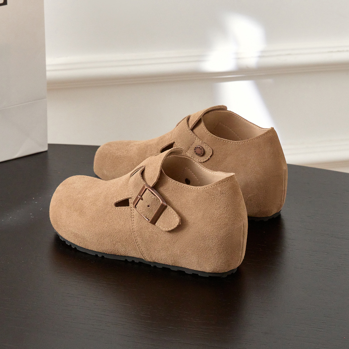 牛皮~内增高5cm真皮勃肯鞋女小个子厚底外穿博肯鞋一脚蹬懒人单鞋