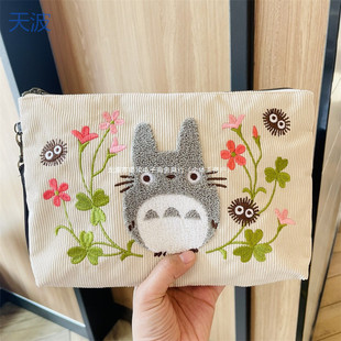 Ttb Large Capacity Clutch Bag Shoulder Bag Tote Bag Casual Anime Cartoon Corduroy Japanese Style Embroider Khaki