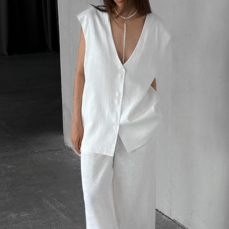 Spring Outfit Simple Casual White Cotton-Linen Set for Women, Stylish V-Neck Vest and Wide-Leg Pants Two-Piece Set, Solid Color Women's Clothing Spring Outfit Simple Casual White Cotton-Linen Set for Women, Stylish V-Neck Vest and Wide-Leg Pants Two-Piece Set, Solid Color Women's Clothing
