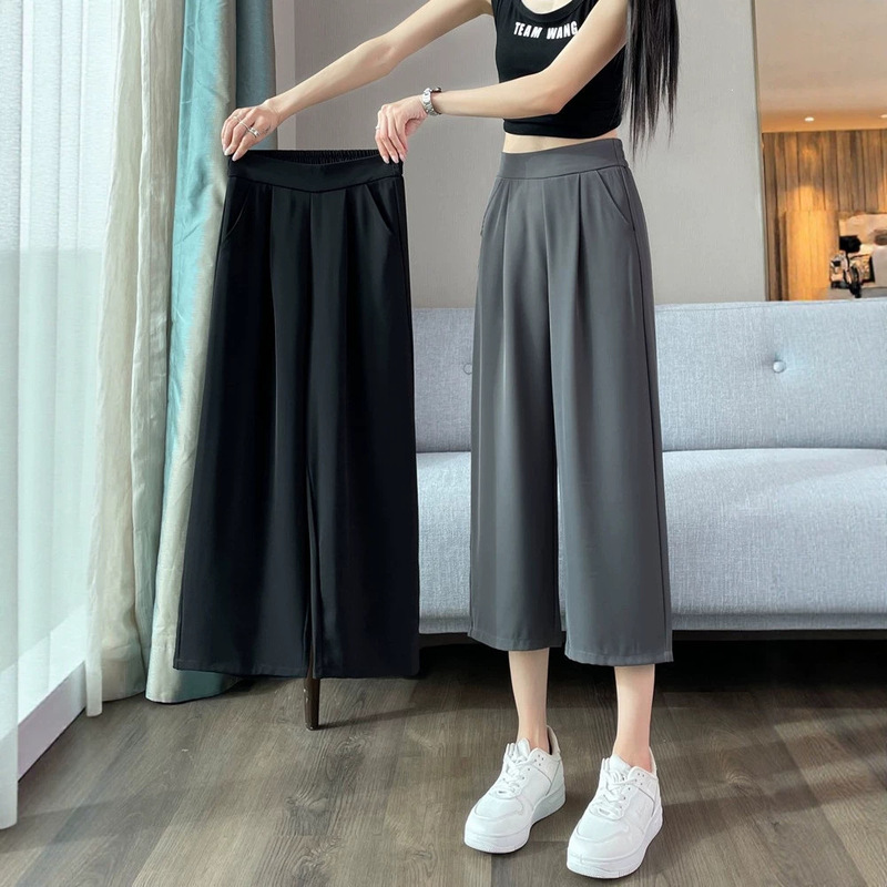Ice Silk Cropped Wide-Leg Pants for Women, Summer Thin New Style, Plus-Size Women's Casual Straight-Leg Chiffon Suit Pants