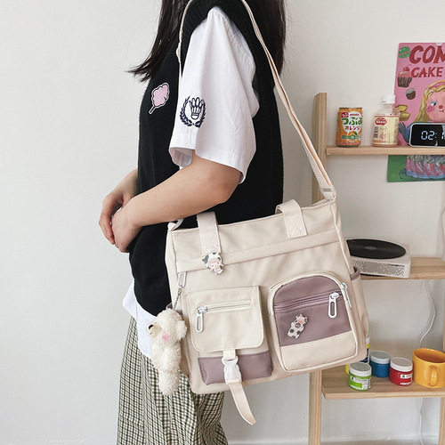 Korean Version Ulzzang Academic Style Vintage Feel Forest System Literary Versatile Girl Student Color Block Large Capacity Shoulder Bag