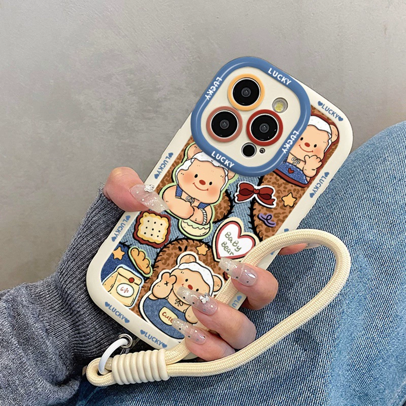Яблоко, деним масло, совместимо с iPhone 17, чехол для телефона, милый мультяшный ремешок, с маленькими медведями, iPhone