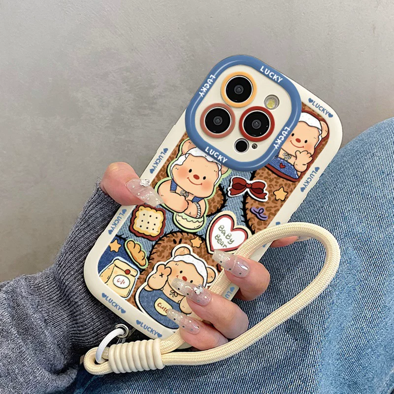 Яблоко, деним масло, совместимо с iPhone 17, чехол для телефона, милый мультяшный ремешок, с маленькими медведями, iPhone