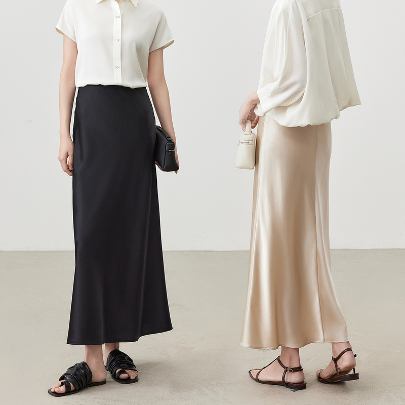 Summer new silk skirt mid-length elastic waist bias high-grade mulberry silk high-waist hip skirt