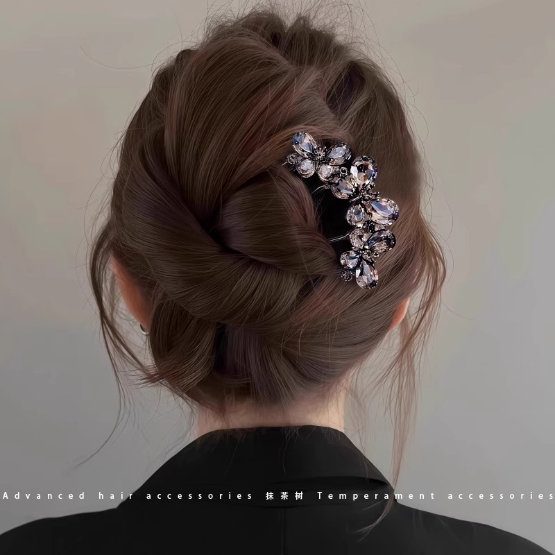 Papillón de cristal de alta sensación en forma de U pinzas de cabello pinzas