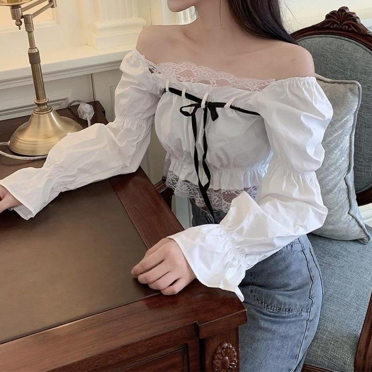 New Off-shoulder Lace Stitching Short Long-sleeved Shirt Women's Summer French Niche White Shirt Slim-fit Top