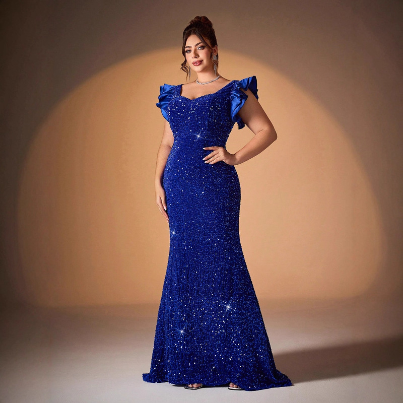 Blue Sequin Evening Dress for Women, European and American Style, with Flutter Sleeves, Plus Size Mermaid Gown, Birthday Party Slim-Fit Dress for Women