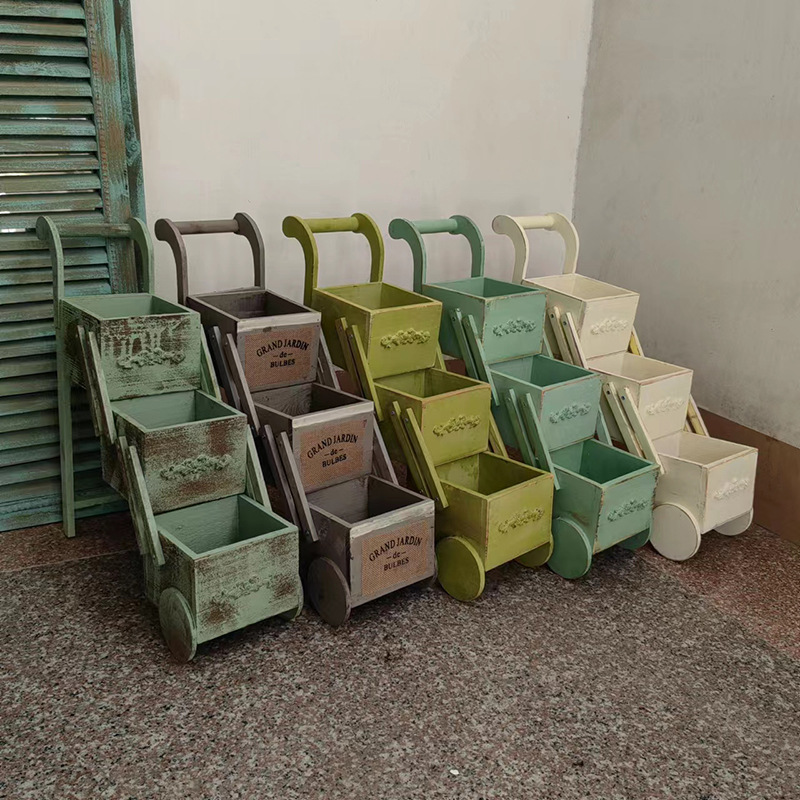 미국 컨트리 스타일 오래된 단단한 나무 미니 트롤리 정원 식료품 다육 화분 꽃 사다리 창 탁상 장식 D&