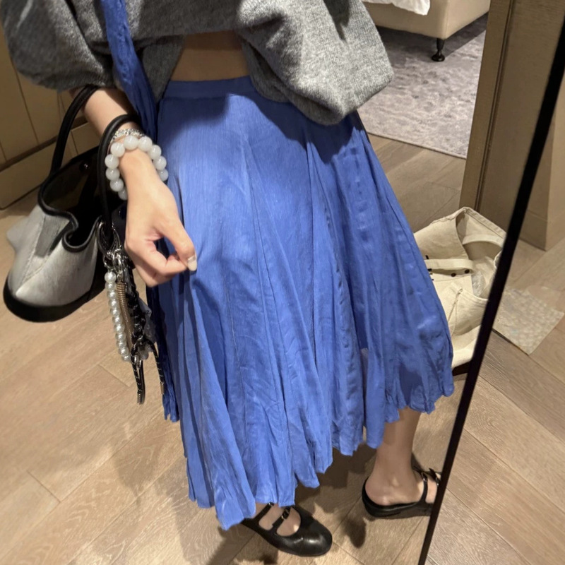French retro style dynamic high-waisted A-line large hem Tencel ramie pleated midi skirt for women French retro style dynamic high-waisted A-line large hem Tencel ramie pleated midi skirt for women