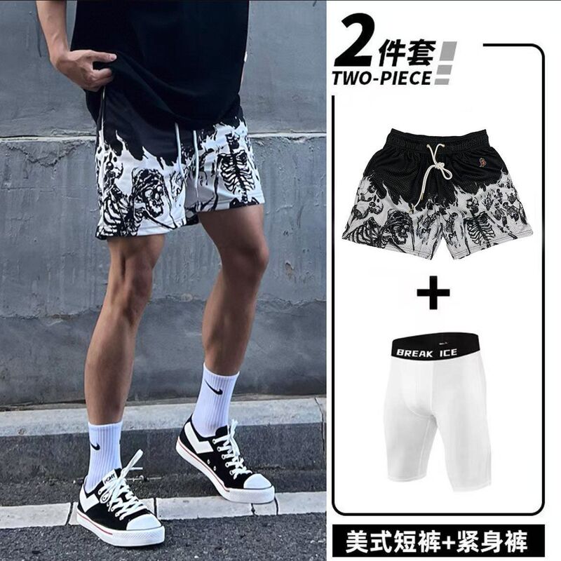 Skull Flame American Shorts Men's Trendy Brand Retro Over-The-Knee Basketball Pants Training Sports Quarter Pants with Lining Summer