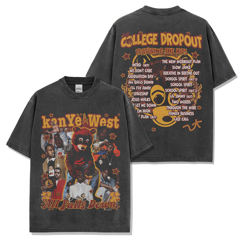 Cross-Border High Street Retro Style Kanye West Double-Sided Hip-Hop Print Vintage Distressed American Fashion Brand T-Shirt for Men and Women