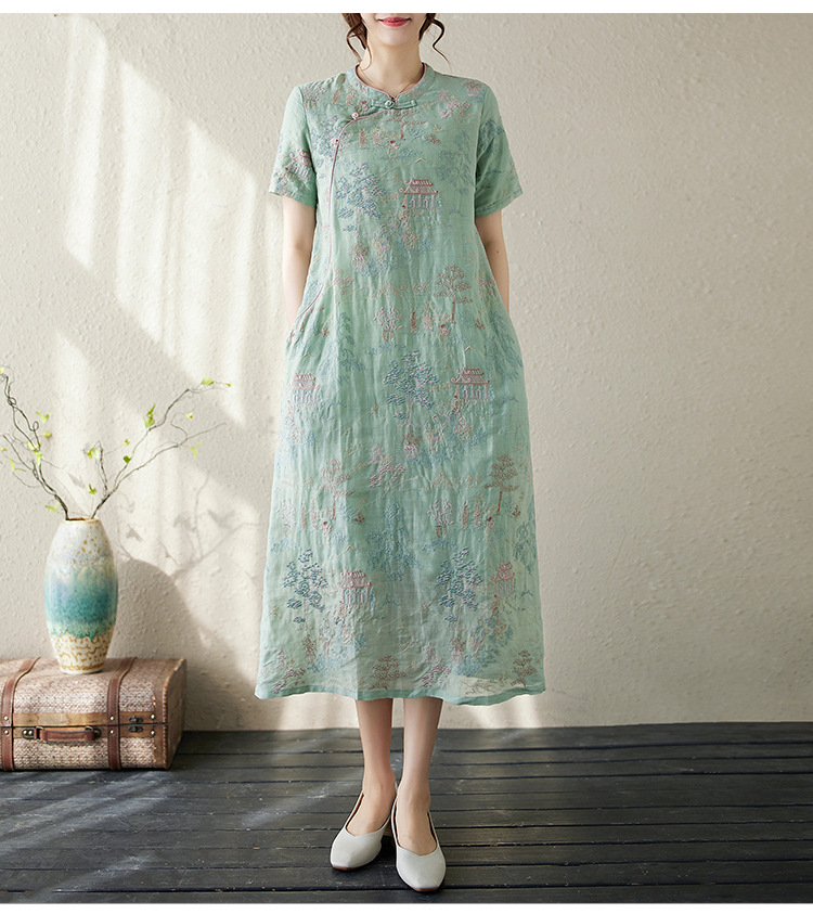 Modernes Chinesisches Cheongsam Baumwoll Leinen Stickkleid_voghion.com