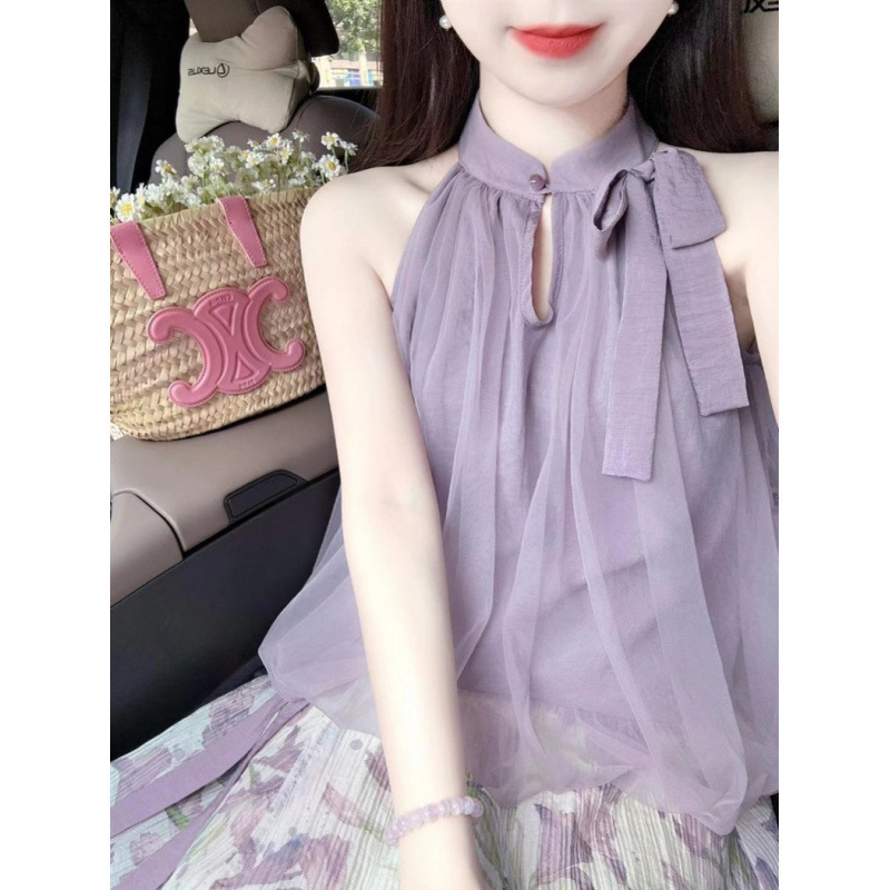 新しい中国風の禅スタイルの女性の夏のハイエンドの紫色のホルターネックトップノースリーブオフショルダーレースアップシャツ|undefined