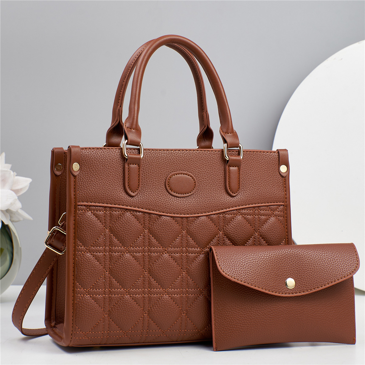 Classic Style Style Square Shape Women's Pu Leather Color Block Classic Style Square Zipper Bag Sets