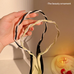 優雅氣質珍珠緞面編發飄帶發箍2023年新款網紅細邊頭箍髮飾女