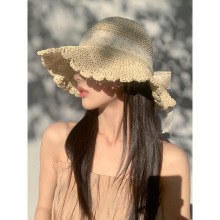 秃头少女~蝴蝶结草帽女夏季户外三亚海边沙滩遮阳防晒大檐渔夫帽