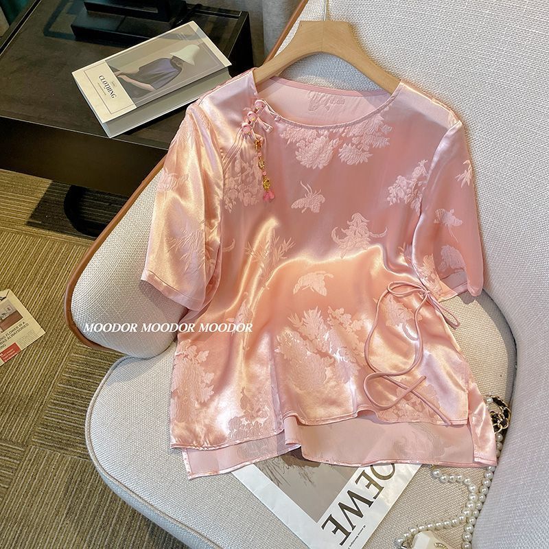 New Chinese Style National Style Jacquard Satin T-Shirt Women's 2024 Summer New Pink Glossy Loose Shirt Elegant