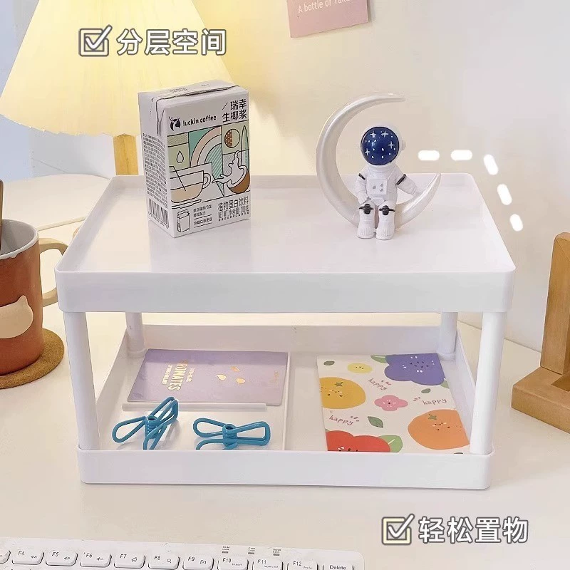 Desktop Bookshelf Stand, Simple Double-Layer PP Shelf, White, Compact 2-Tier Storage