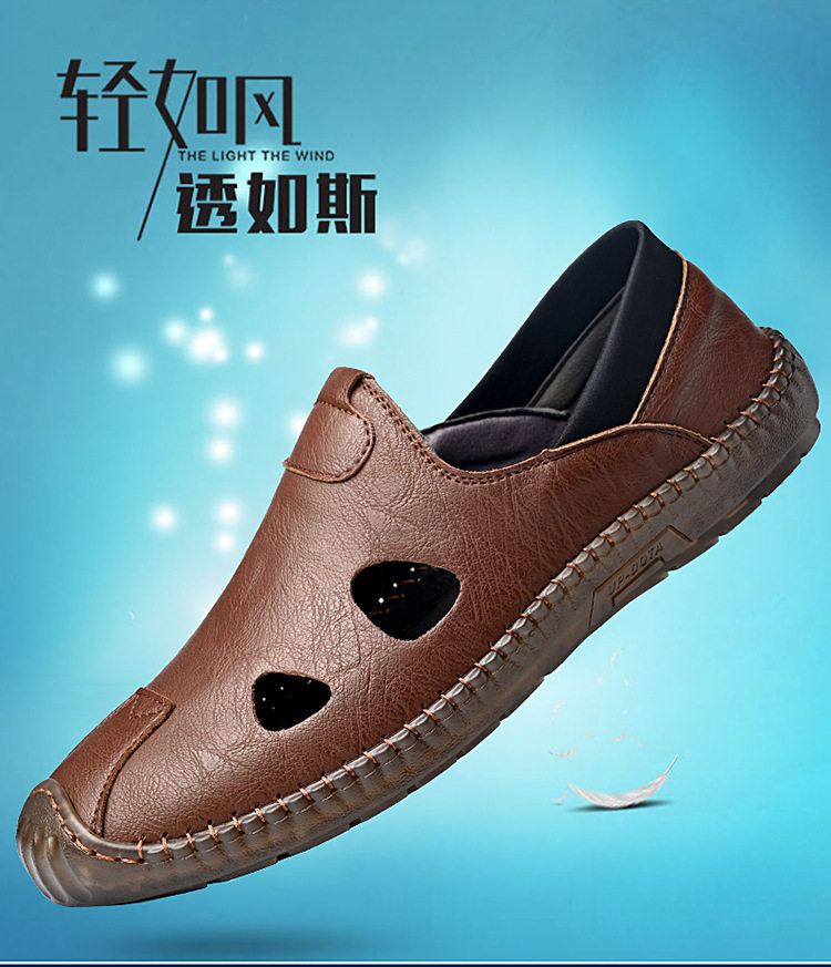 Giày sandal da nam thủ công đan dây, thoáng khí khoét lỗ, kiểu bao đầu — Màu kaki, màu đen chi tiết 3