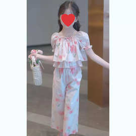 女童甜美休闲套装中大童夏季新款洋气时髦泡泡袖上衣直筒裤两件套