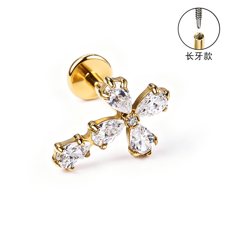 F136 Titanium Alloy Long Tooth Style Ear Studs, Finely Carved Ear Bone Studs with Zircon, Lip Studs, G23 Titanium Body Piercing Jewelry detail image 17