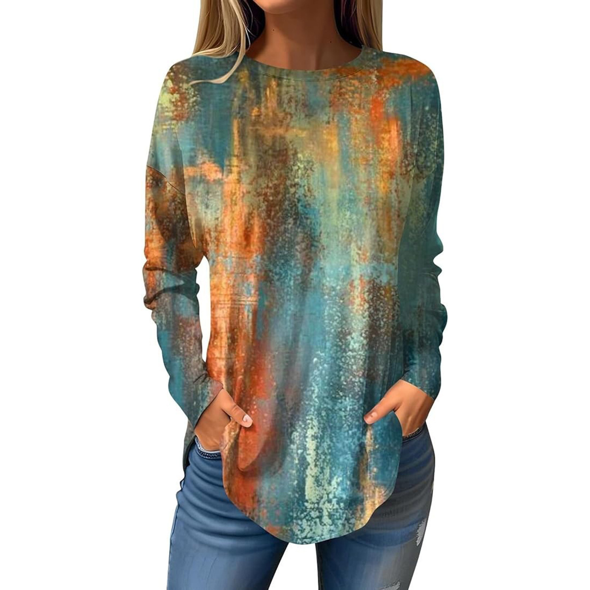 2025 3d印花工艺夏季新款下摆弧形宽松长袖圆领T恤上衣印花