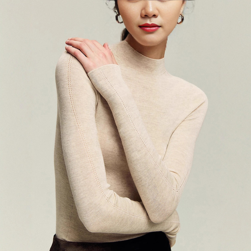 Machine Washable 160S Wool 18-Gauge Seamless Base Knit Sweater with Half Turtleneck Solid Color Inner Wear