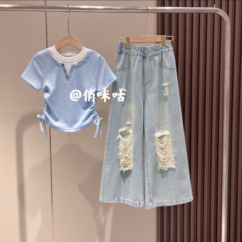 女童夏季套装潮款2025中大童洋气假两件T恤韩系破洞牛仔裤两件套