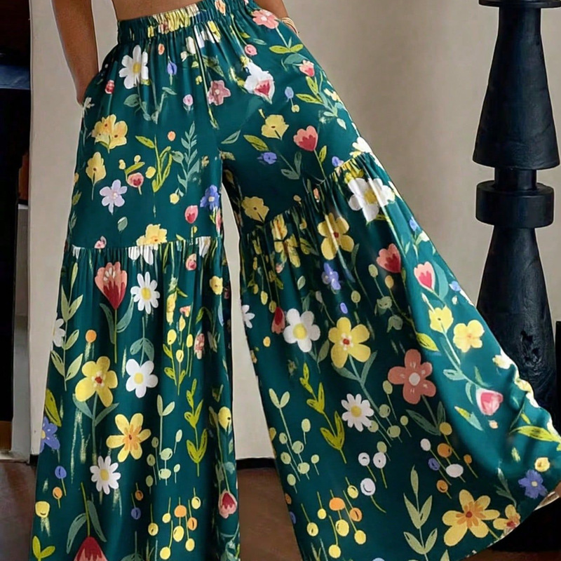 Women's Lightweight Floral Loose Wide-Leg Pants with All-Over Floral Print, Tie-Up Ruffles, and Pockets Women's Lightweight Floral Loose Wide-Leg Pants with All-Over Floral Print, Tie-Up Ruffles, and Pockets