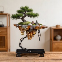 创意陶瓷铁艺悬浮铁链仿岩石鎏金盆景盆微景观装饰花盆带铁架底座