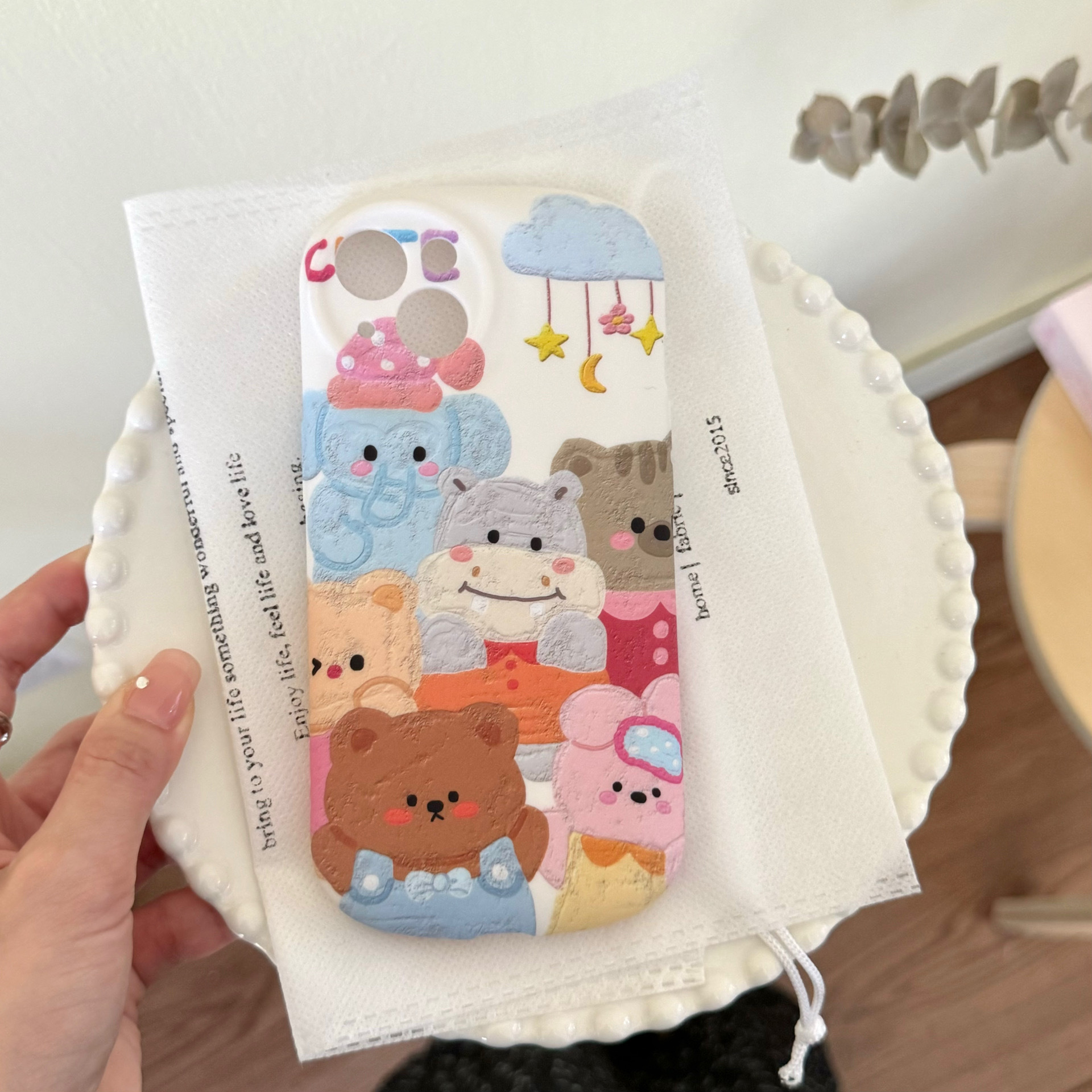 Pintura al óleo de dibujos animados oso hipopótamo animal para iPhone14 funda para teléfono móvil 13 Apple 12 hembra 15ProMax funda blanda