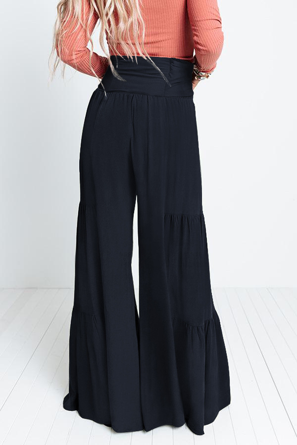 solid color straps elastic waist pleated wide leg pants NSMID128540