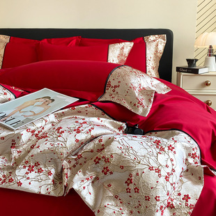French Romantic Long-Staple Cotton Pure Cotton Wedding Four-Piece Set Red Bed Bed Sheets Quilt Cover Wedding Bedding Wedding Room Quilt