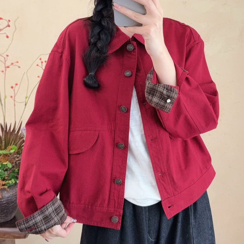 春秋新款红色短外套女棉质宽松大码百搭秋季穿搭感上衣女装|undefined