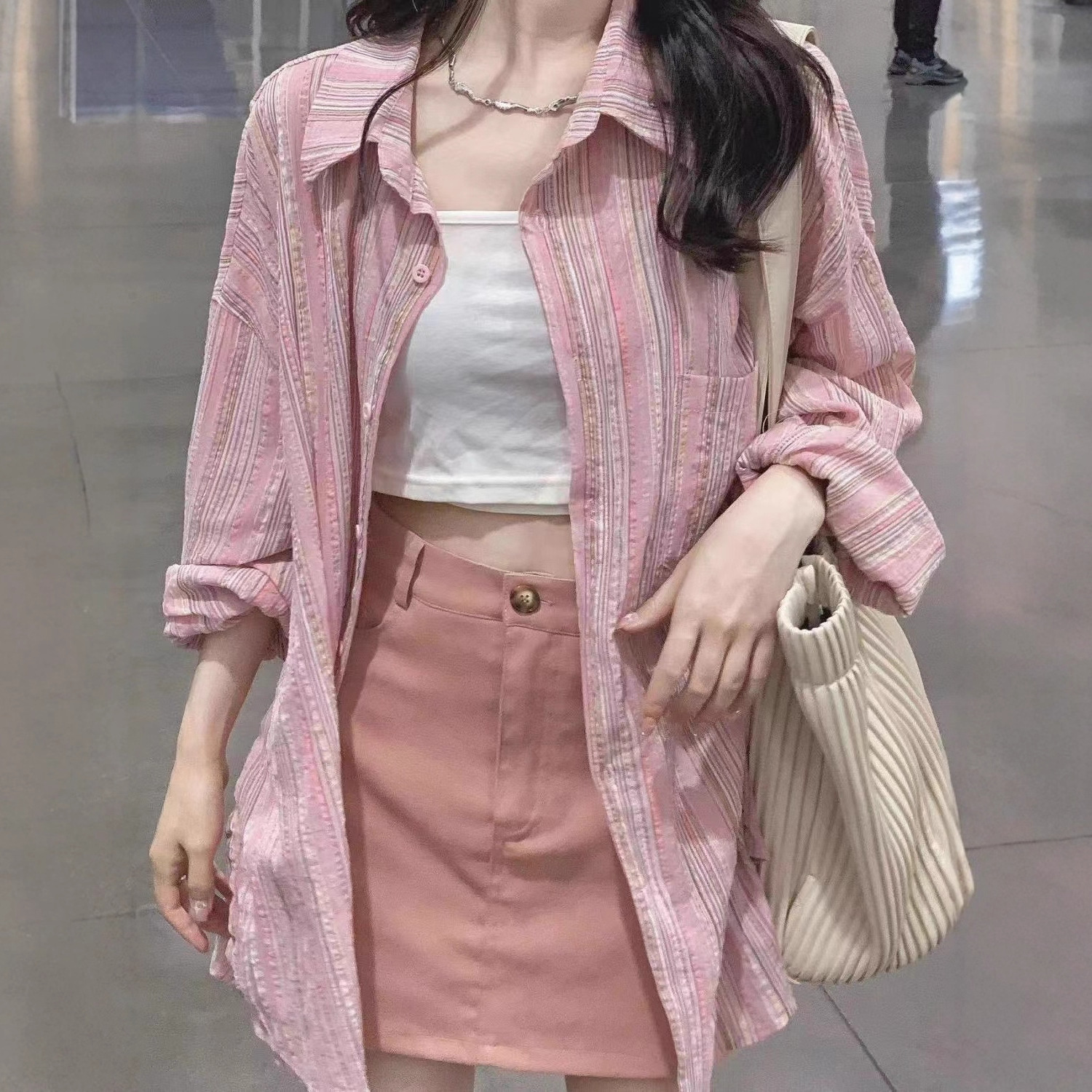 秋季新款森系甜美嫩粉色防晒衬衫韩版高级感衬衣开衫外搭女式上衣