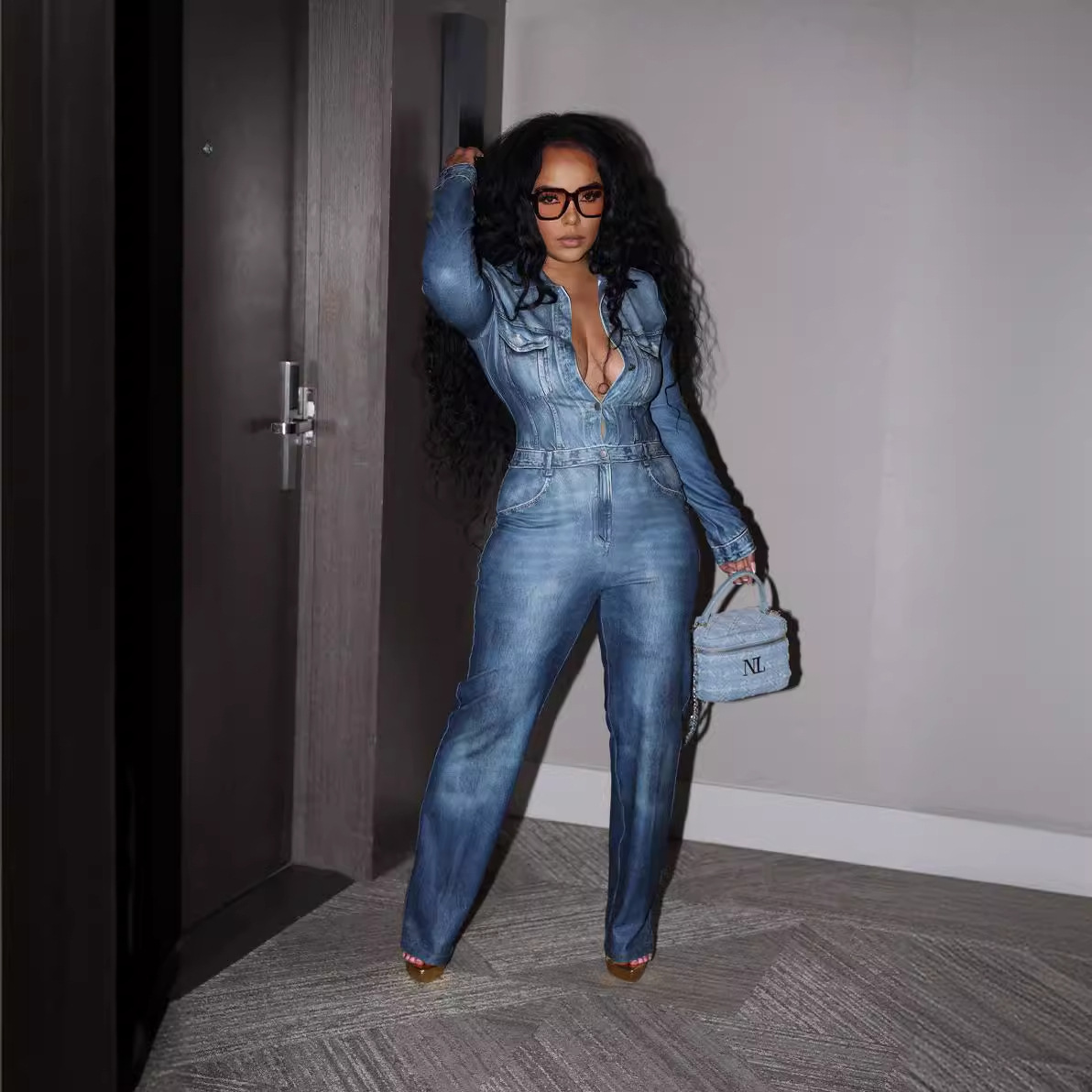 Damen-Jumpsuit aus bedrucktem Denim-Imitat – Herbst-Winter-Mode, lässiger Romper_voghion.com