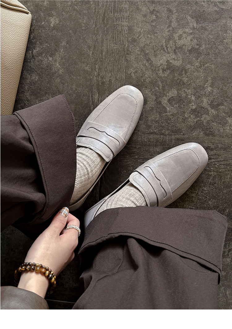 Giày loafer nữ mũi tròn da bò, gót vuông 2.5 cm phong cách Pháp — màu nâu chi tiết 26