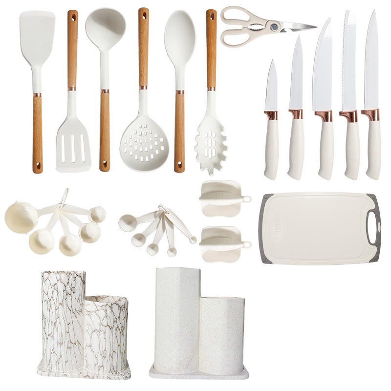 Pala de silicona, cuchara, juego de 26 piezas, pala de silicona de oro rosa, sartén antiadherente, pala de silicona de grado alimenticio, juego de utensilios de cocina de silicona