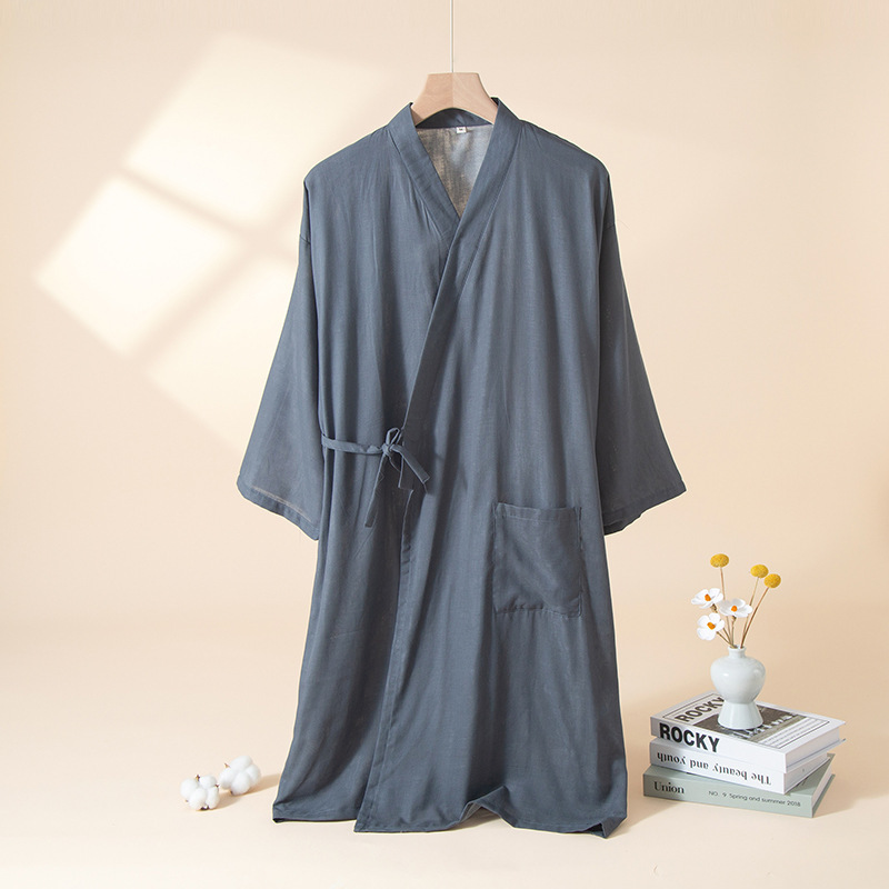 Japanese-Style All-Cotton Men's Kimono Robe, Pure Cotton Gauze, Spring and Summer Thin Loose-Fitting Tie-Front Hanfu Bathrobe, Yukata, Sauna Suit