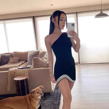 现货外贸跨境欧美高档精品女装连衣裙性感黑色斜肩辣妹修身绷带裙