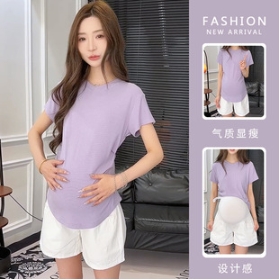 Maternity Wear Summer Simple Short-Sleeved V Neck Top Summer Pure Versatile Knitted T-Shirt Summer Pregnancy Bottoming Shirt 363